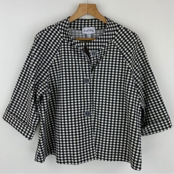 Joseph Ribkoff Checkered 3-Button Cropped Sleeve Jacket Top - Picture 1 of 6